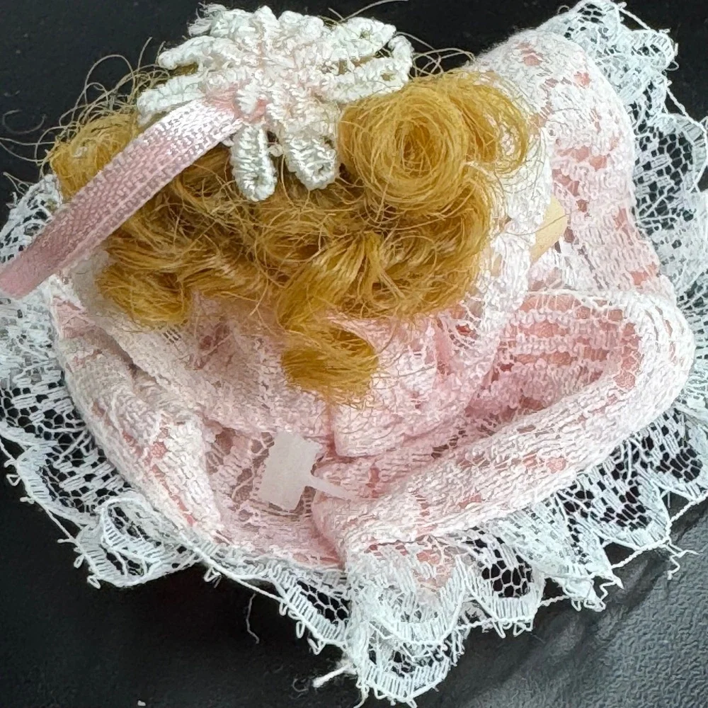 Vintage Miniature Doll Porcelain Face Pink Lace‎ Dress Collectible Display Decor